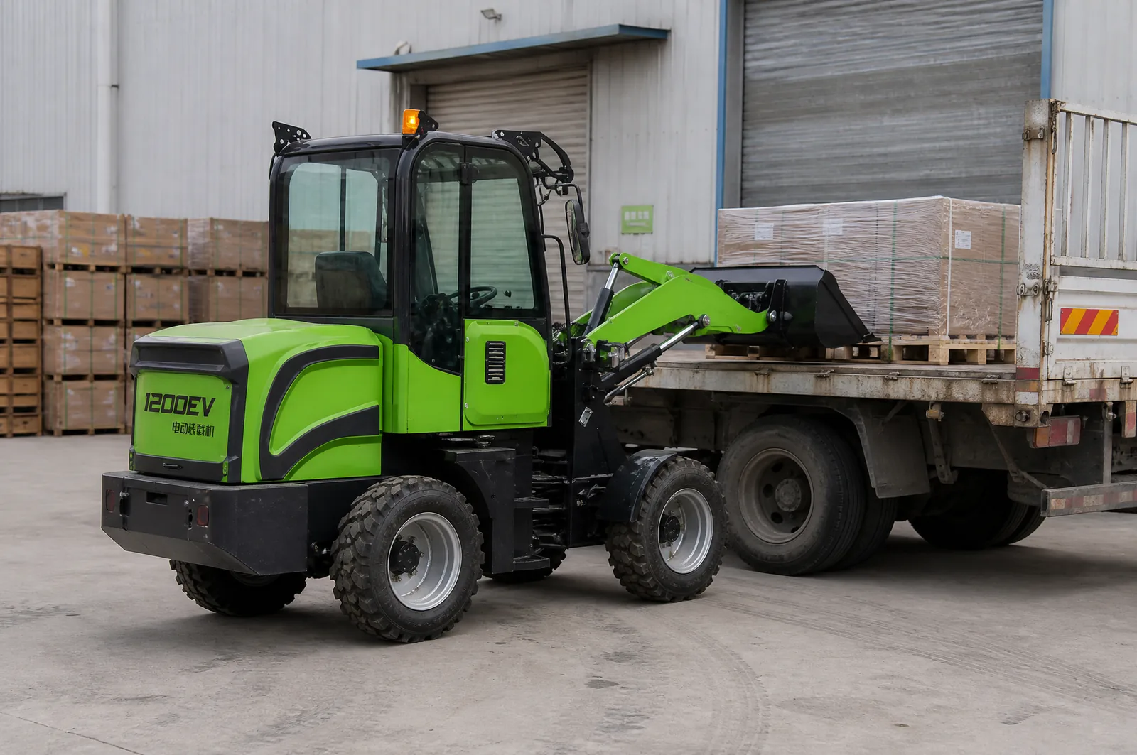 1200EV 1200 kg electric wheel loader working in industrial yard